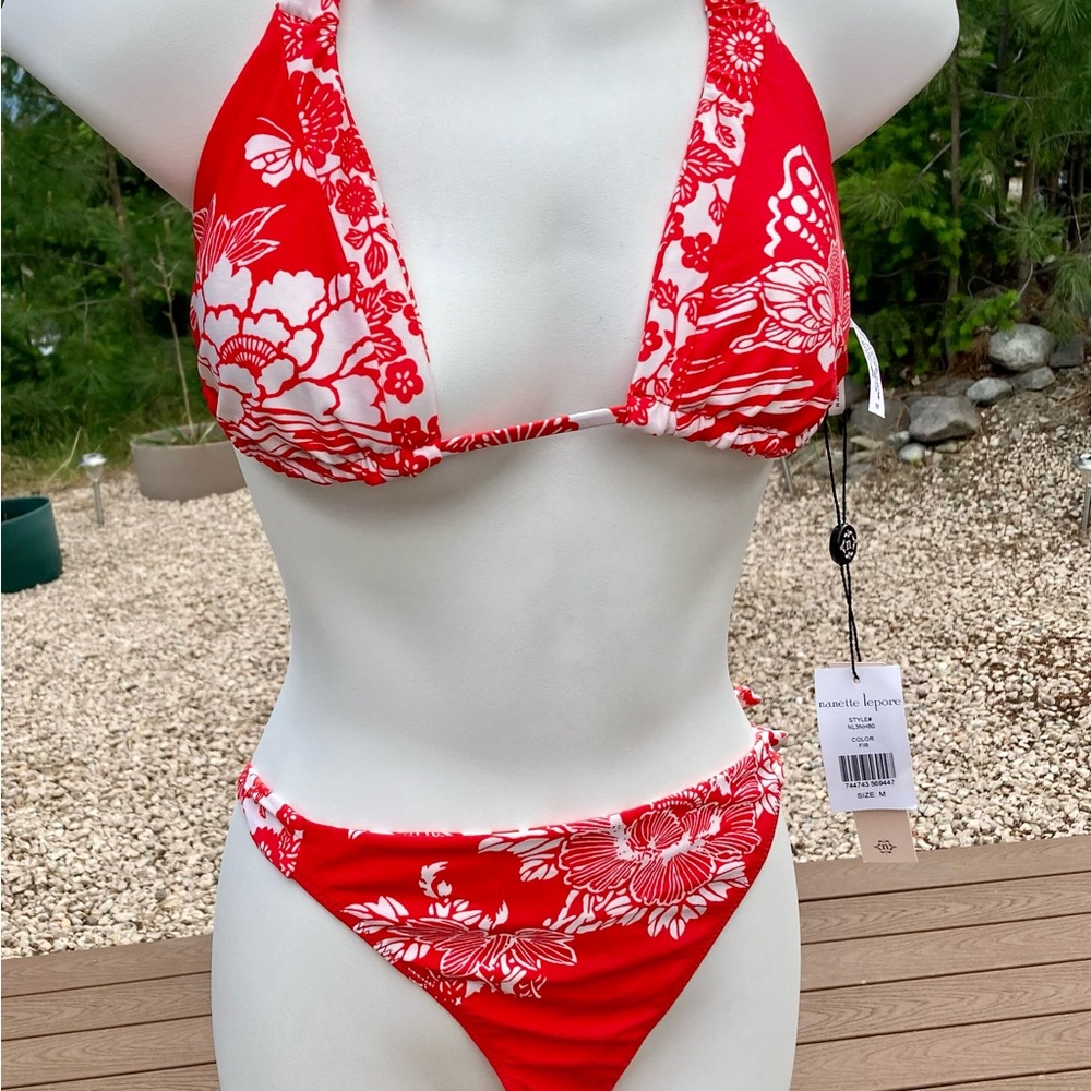 NWT REVERSIBLE Nanette Lepore Red Bikini with Triangle Top and Paisley Print